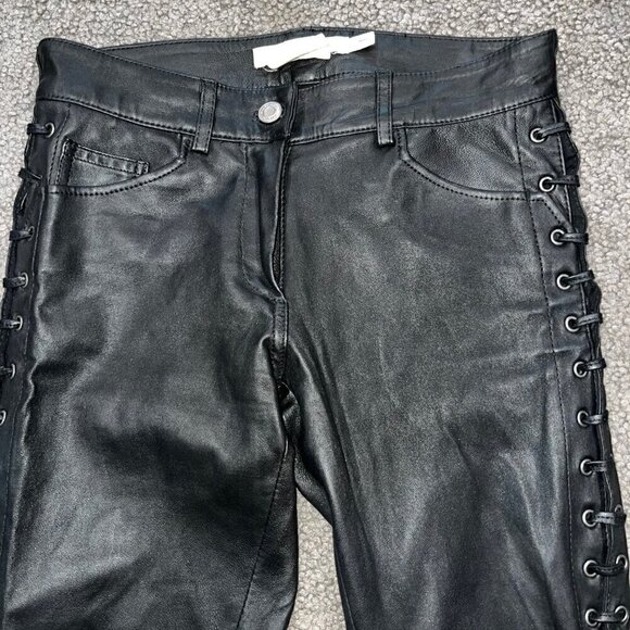 ISABEL MARANT X H&M BLACK NAPPA LEATHER LACE UP LEG MOTO TROUSER PANT EUC  2 - Picture 3 of 14